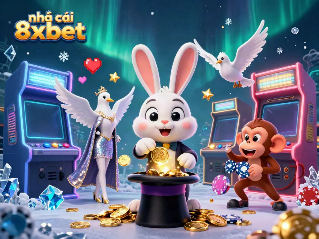 Experience the magic of nhà cái 8xbet with a dazzling illustration of a magician rabbit and lively casino elements.
