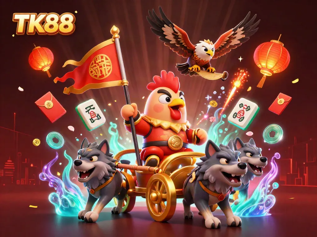 Experience thrilling wins at TK88 with an epic 3D illustration of a rooster warlord and game elements.