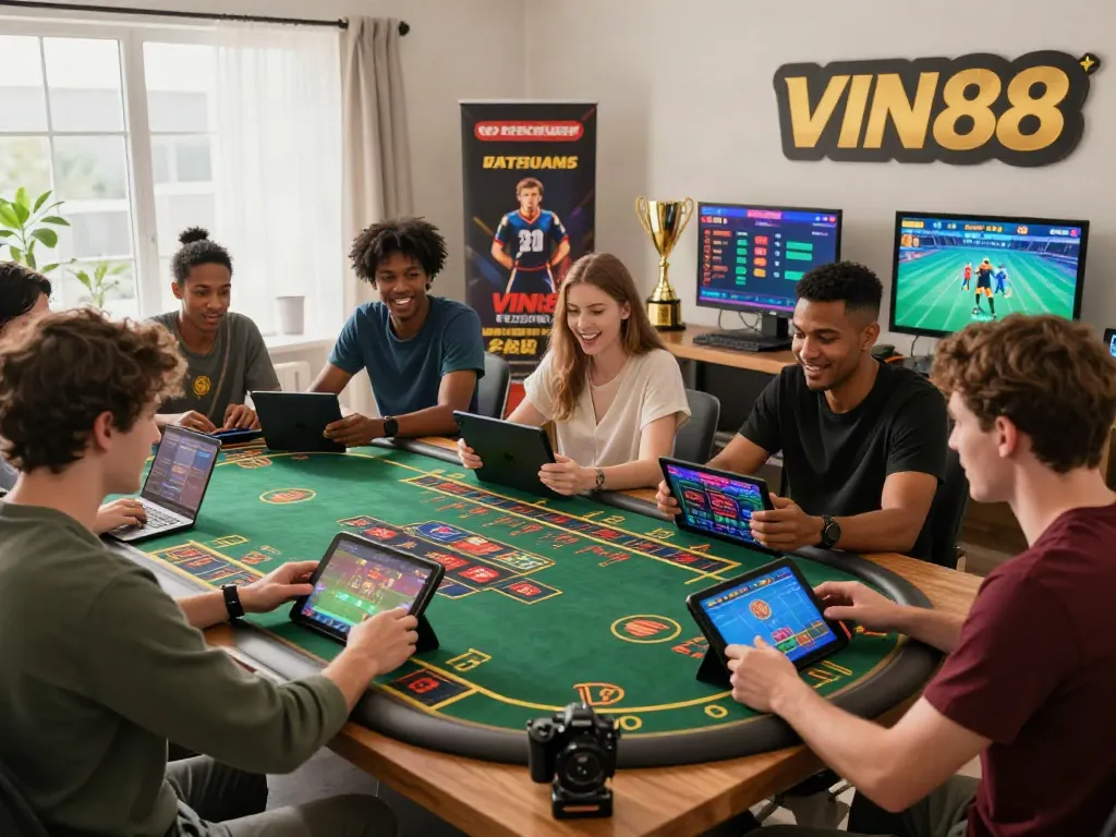 Players enjoying diverse betting experiences on VIN88 platform, showcasing excitement in a modern gaming setup.