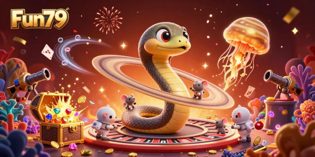 Engage in exhilarating gameplay at Fun79 with an enchanting 3D scene of cosmic characters and vibrant casino elements.