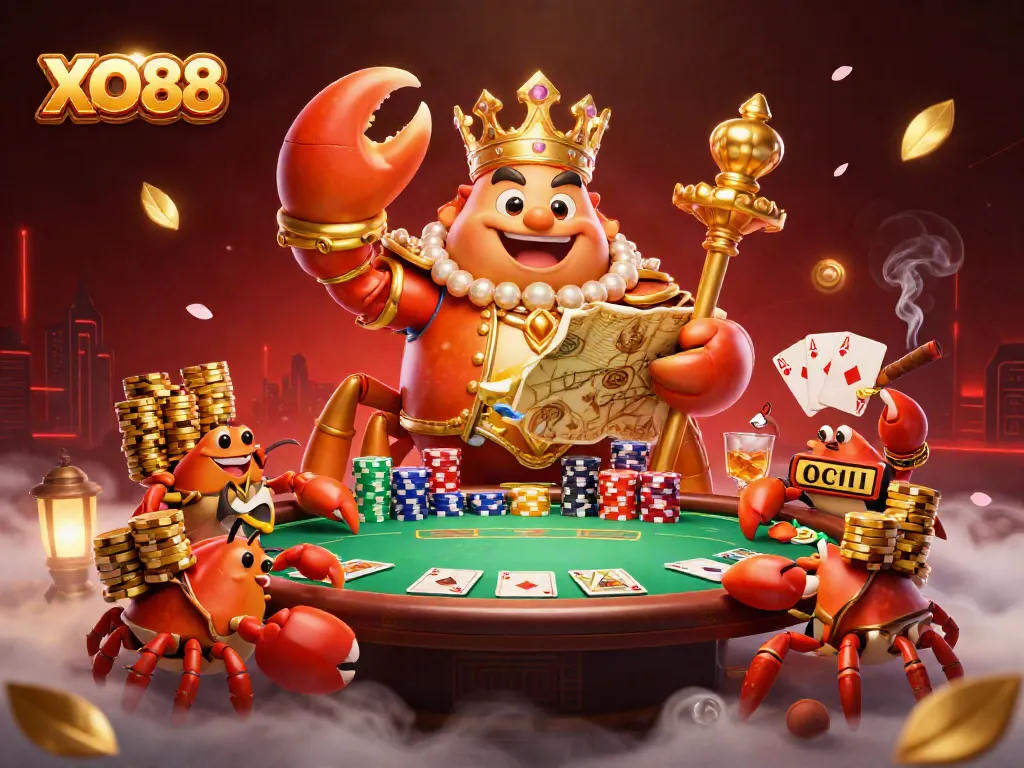 Experience gameplay thrills with XO88's dynamic casino scene featuring a golden crab emperor.