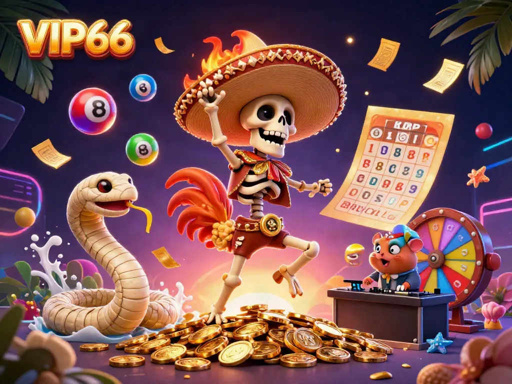 Celebrate wins at VIP66 with a vibrant casino scene of 3D characters, coins, and lottery elements.