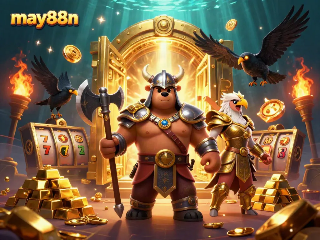 Engage in thrilling action at may88n with Viking berserker bear and Valkyrie eagle amid dazzling casino treasures.