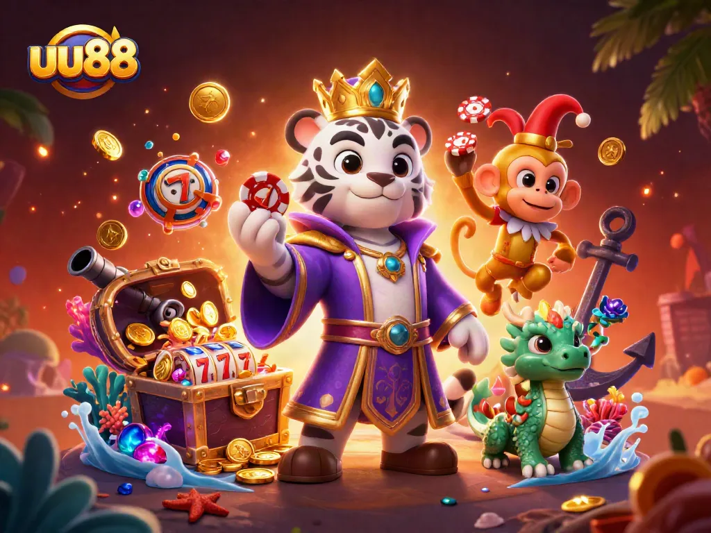 Experience thrilling wins at uu88 with vibrant 3D illustration showcasing a royal tiger, jester monkey, and jade dragon.
