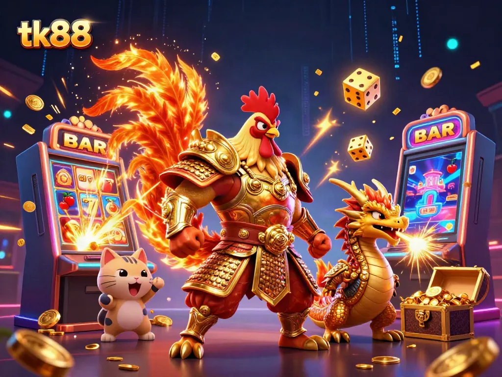Win big with tk88 in a vibrant, action-packed casino scene featuring cartoon warriors.