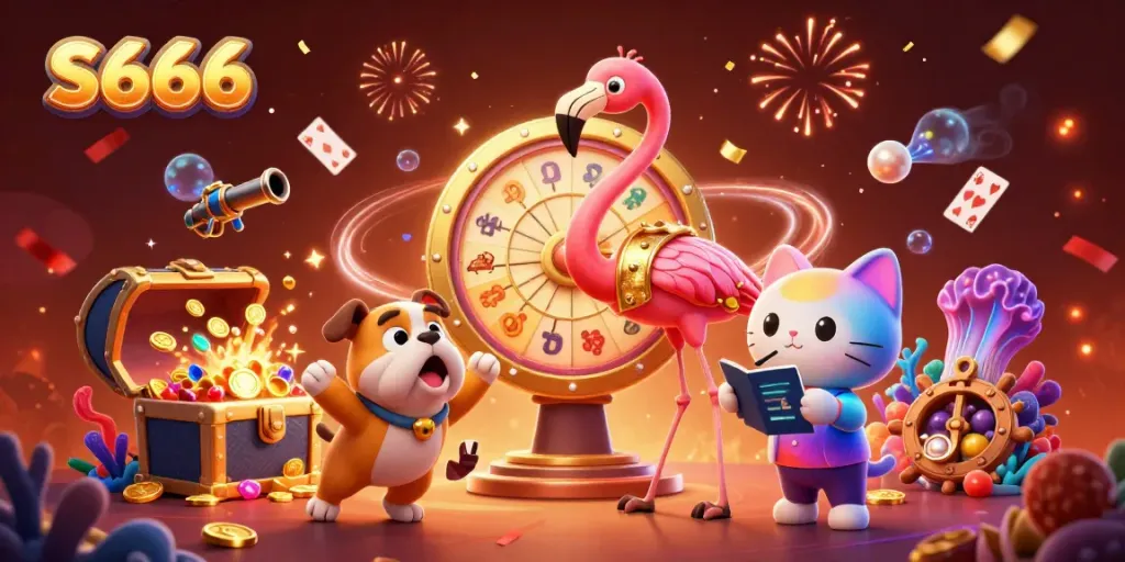 S666's vibrant gaming scene showcases excitement with a cartoon bulldog and flamingo at a prize wheel.