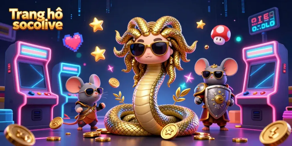 Experience the excitement at Trang chủ socolive with a vibrant 3D gaming scene featuring a friendly Medusa and warrior mouse.
