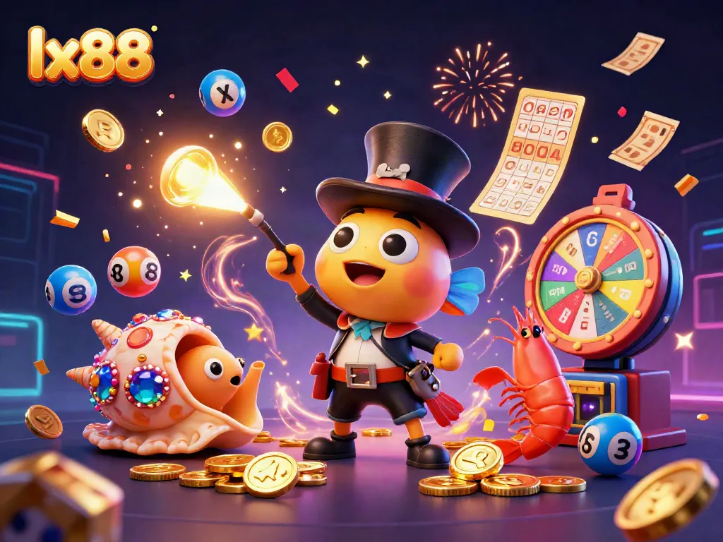 Experience the thrill of lx88 gaming with colorful characters and exciting prizes in this dynamic illustration.