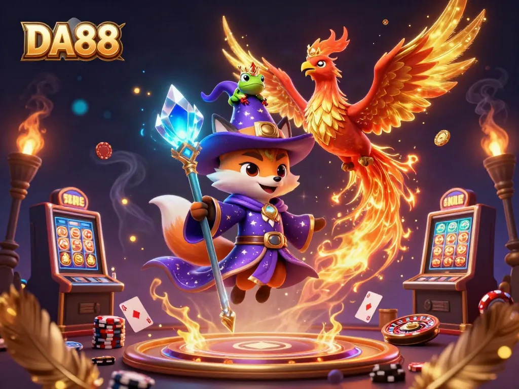 DA88 engages players with a mystical gaming scene featuring a wizard, phoenix, and enchanting casino elements.