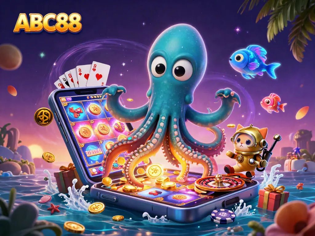 Experience thrilling wins at ABC88 with the kraken and diving cat in this vibrant casino scene.
