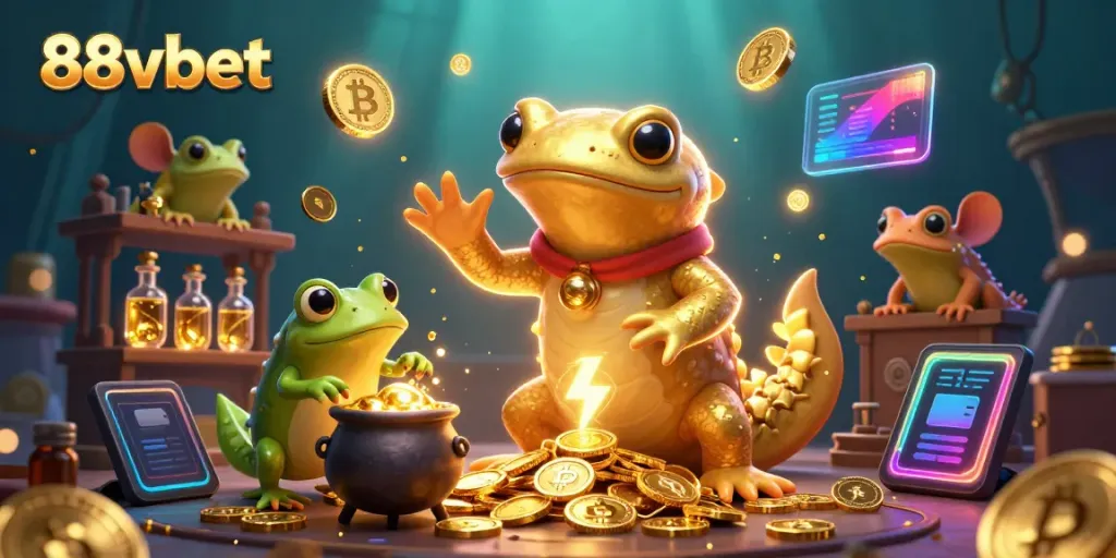 88vbet showcases a 3D alchemical scene rich in gold coins and crypto elements.