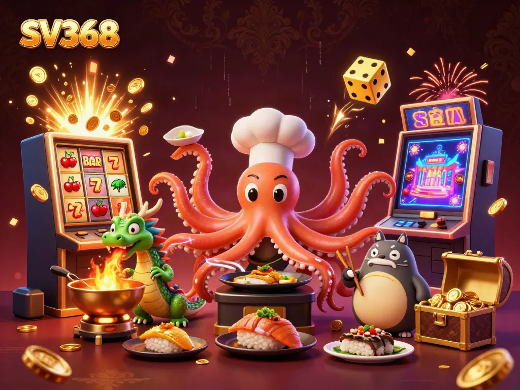 Join the excitement at SV368 with an energetic scene showcasing a culinary octopus, a fiery dragon, and a playful tanuki amid vibrant slot game elements.