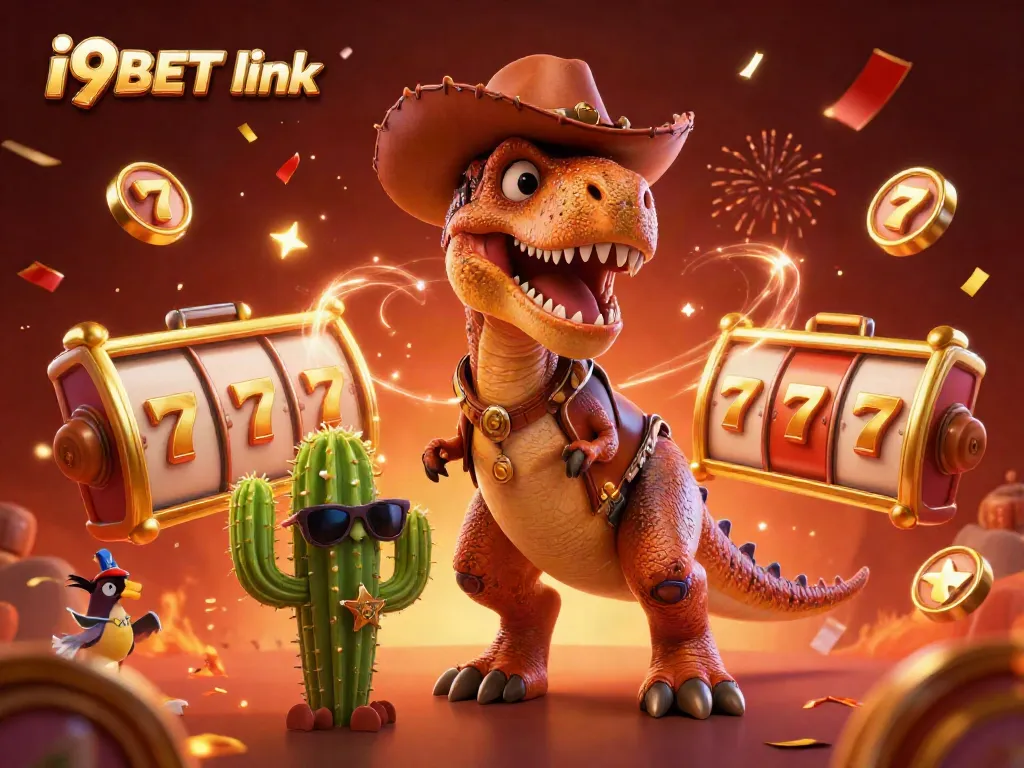 Experience thrilling gameplay with i9BET link, showcased by a vibrant 3D illustration of characters amidst slot reels.