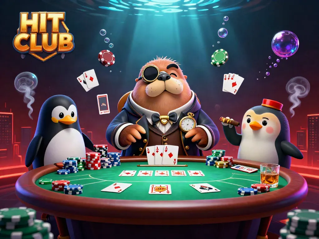 Join the HIT CLUB in an underwater poker game with vibrant cartoon characters and casino elements.