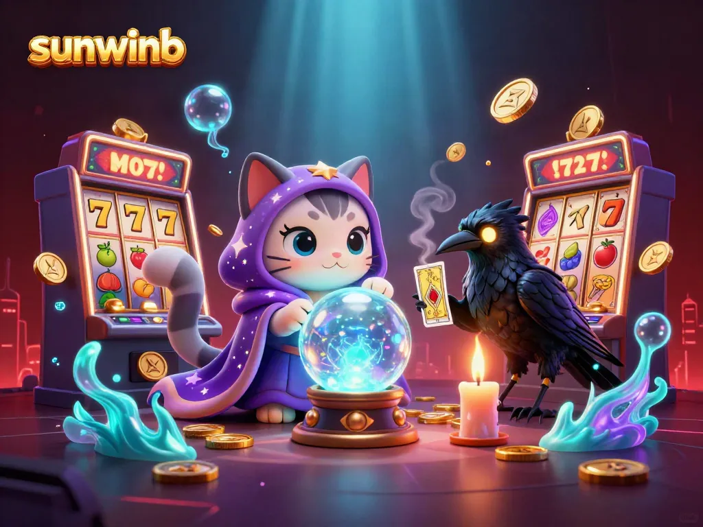 Experience an exciting spin with sunwinb at a vibrant casino scene featuring colorful slot machines and a mystical cat.