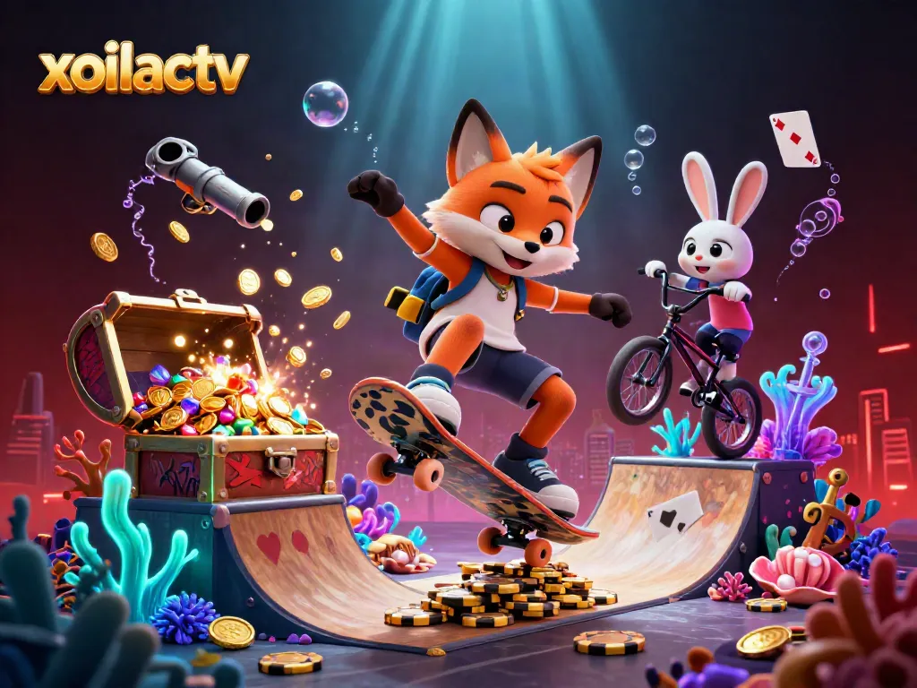 Experience the thrill of xeilactv with a vibrant casino scene featuring a skateboarding fox and BMX rabbit in action.