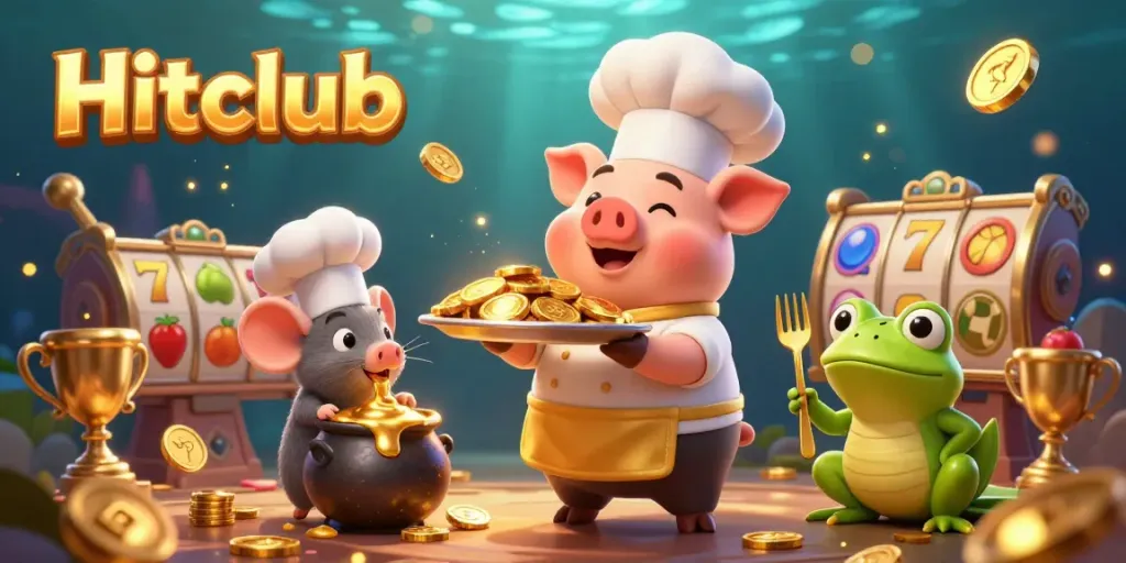 Engage in thrilling gameplay with Hitclub's gourmet gaming experience showcasing gold coins and vibrant characters.