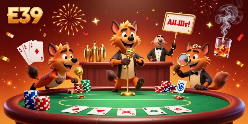 Hyenas perform in the E39 casino club, showcasing vibrant poker elements and festive decorations.