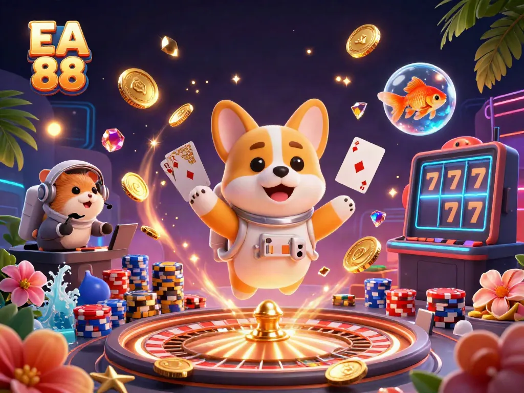 Experience an engaging EA 88 casino adventure with an astronaut corgi and friends amidst a vibrant slot scene.