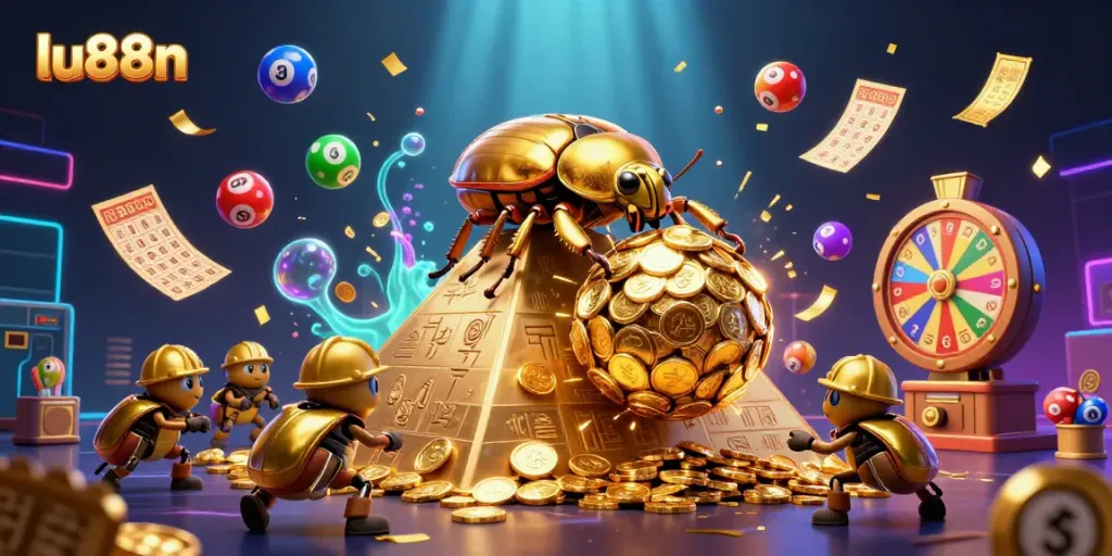 Engage with lu88n's vibrant casino illustration, showcasing a golden beetle triumphantly rolling coins amidst lively gambling icons.