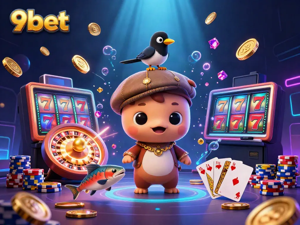 Engage with 9bet's vibrant casino scene featuring baby Nessie and vibrant game elements.
