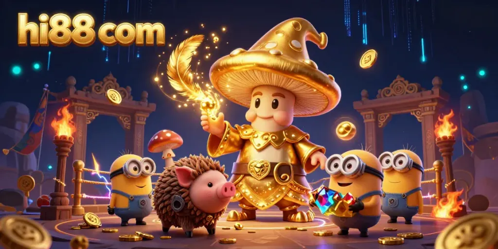 Win with hi88 com in a vibrant 3D illustration featuring a magical golden wizard, treasure elements, and dynamic gaming symbols.