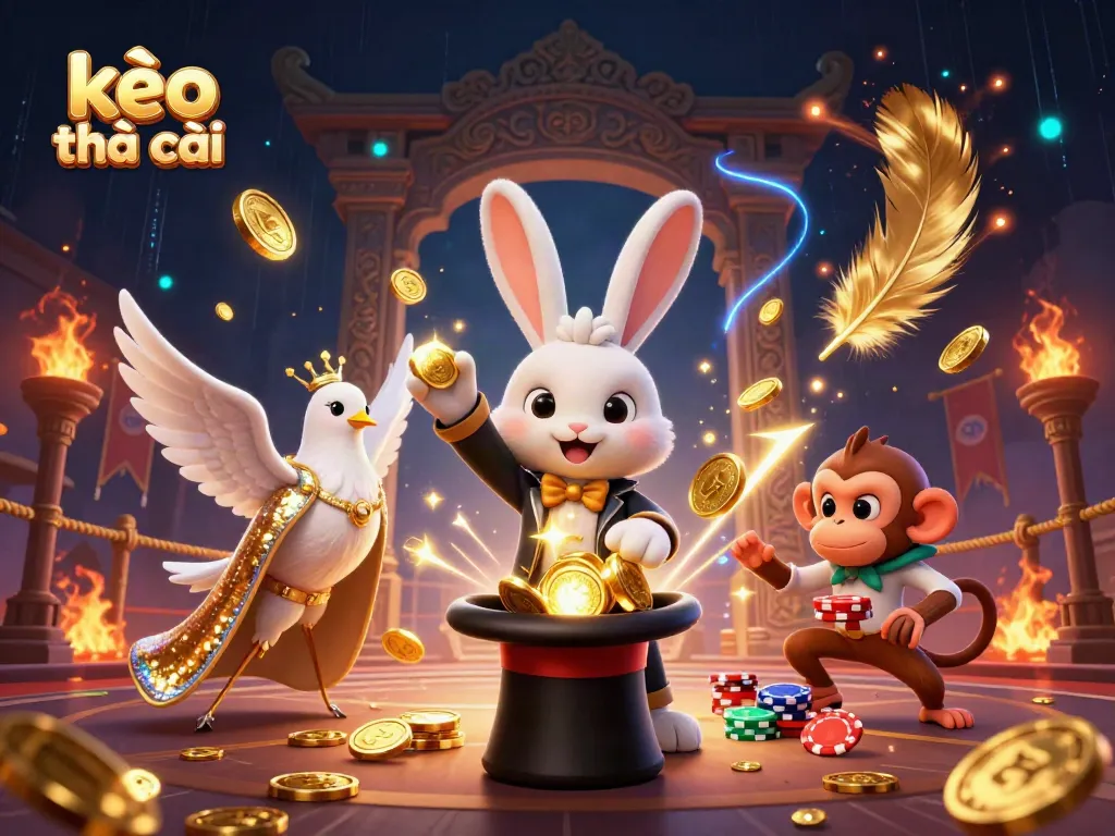 Experience kèo nhà cái in this vibrant scene with a magician rabbit, dove, and monkey, celebrating casino excitement.
