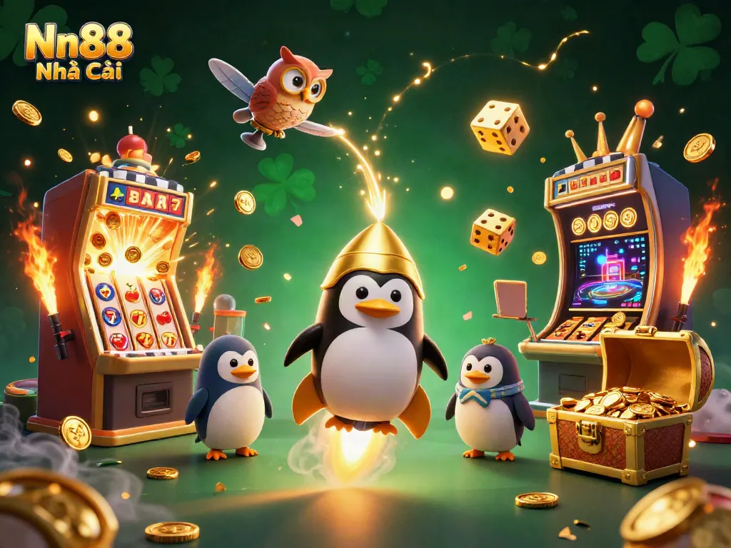 Nn88 Nhà Cái captures thrilling moments with a golden penguin in a vibrant casino-themed space adventure.