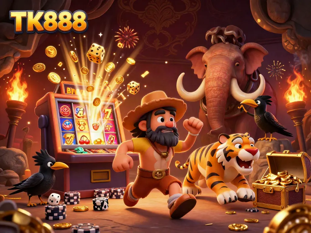 Experience high-stakes thrills at TK888 with jokers and jackpot winners in a vibrant casino setting.