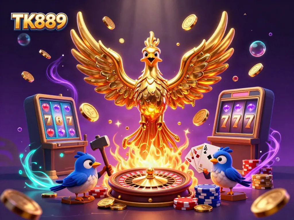 Experience thrilling gaming action at TK889 casino with golden phoenix and dynamic elements.