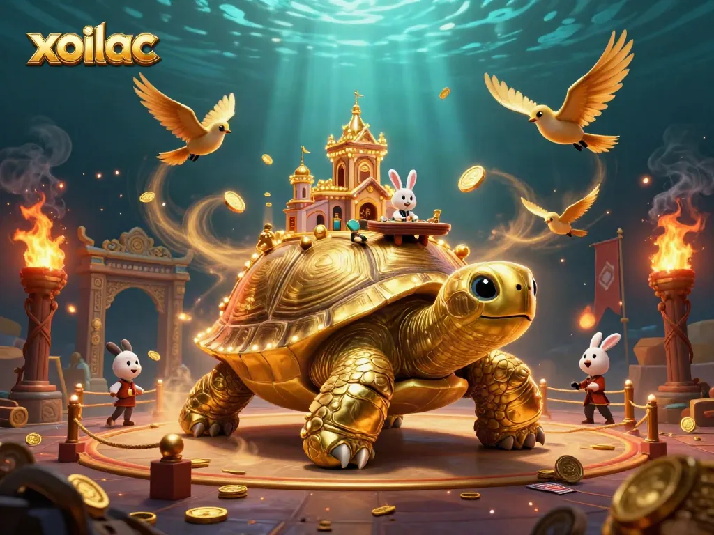 Xoilac showcases a vibrant, animated casino scene with a golden tortoise and a dealer.