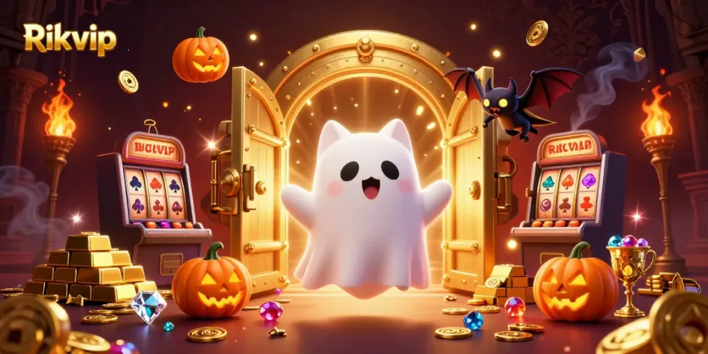 Experience thrilling gameplay with Rikvip in this haunting casino scene filled with gold and excitement.