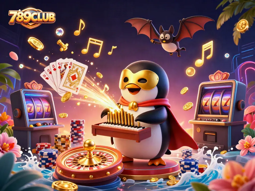 Engage with 789CLUB's thrilling gaming experience, featuring a whimsical penguin and dazzling casino elements.