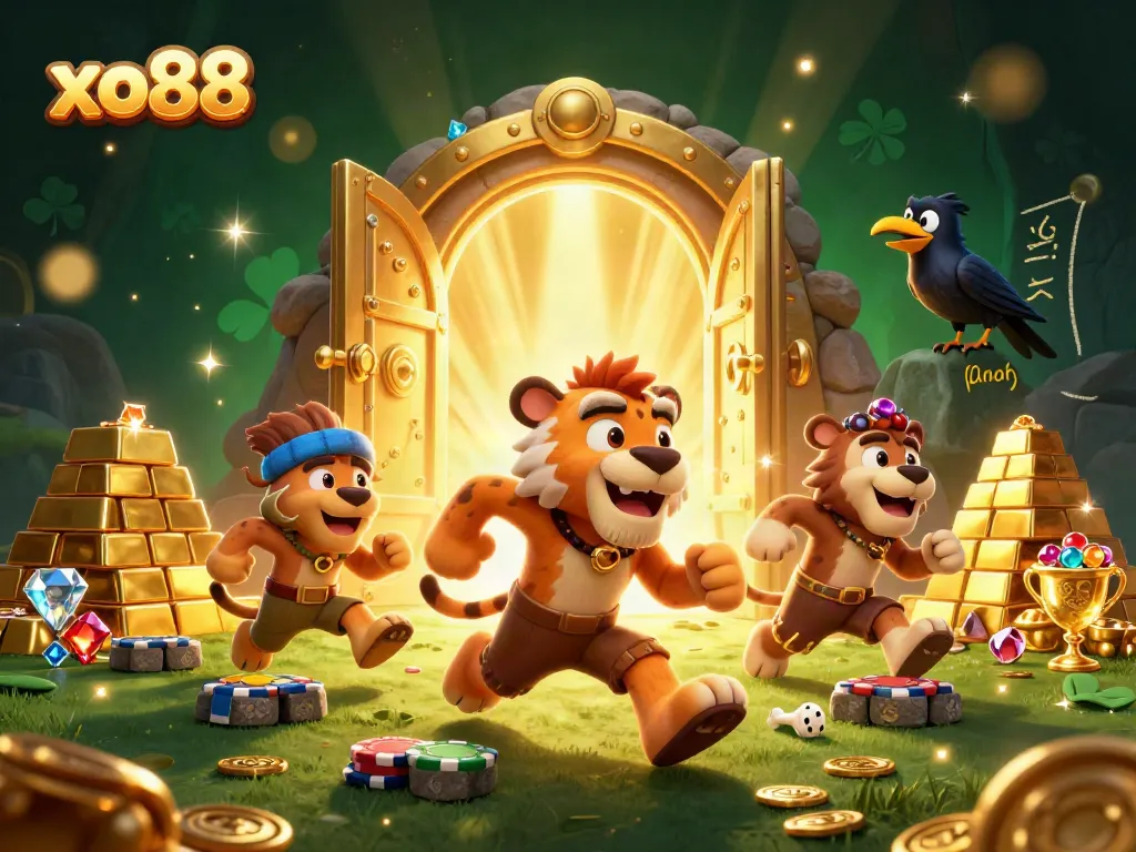 Bet on exciting games at xo88 in a vibrant 3D casino scene with treasure and glowing effects.