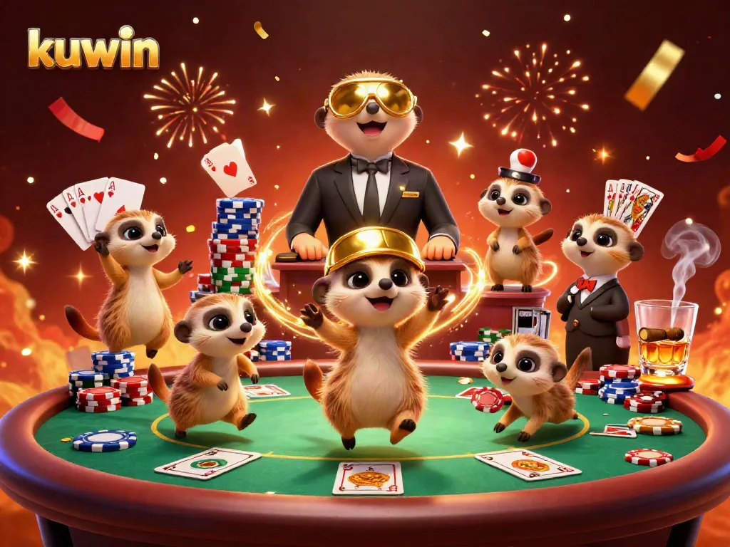 Kuwin meerkats run a vibrant casino with poker elements, vibrant chaos of chips and cards.