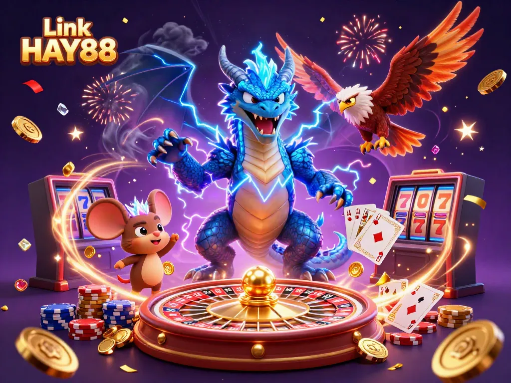 Celebrate wins at Link HAY88 with dynamic 3D casino characters and sparkling gaming elements.
