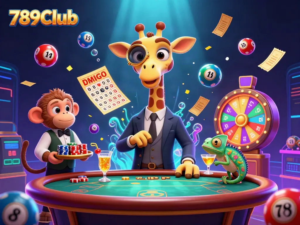 Play thrilling games at 789Club with a vibrant casino atmosphere featuring animated characters.