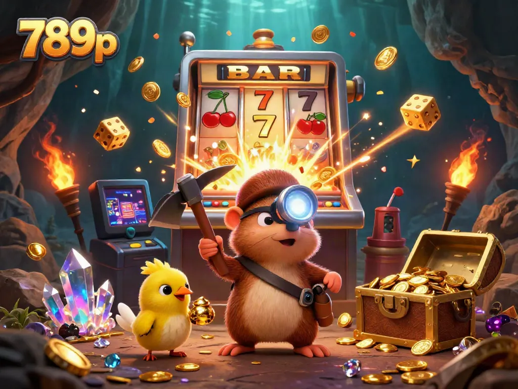 Engage in the thrilling thrill of 789p's casino experience featuring a cartoon treasure hunter in a gold-filled cave.