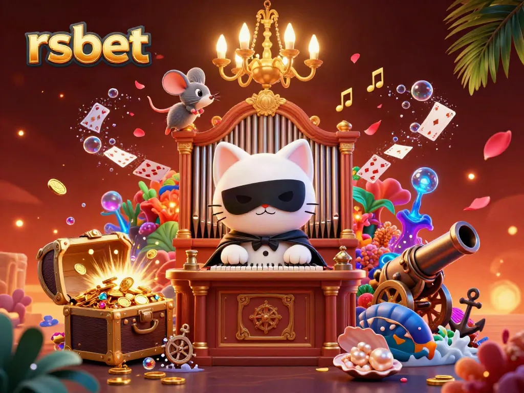Experience vibrant gameplay at rsbet with a whimsical casino scene featuring a masked cat and playful characters.