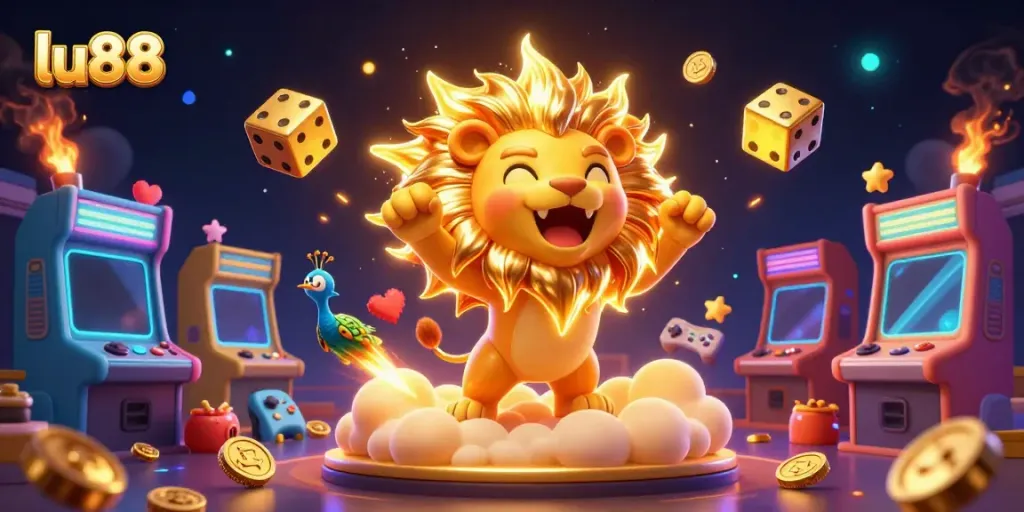 Engage with LU88's vibrant 3D casino scene showcasing a roaring sun lion and golden dice in action.