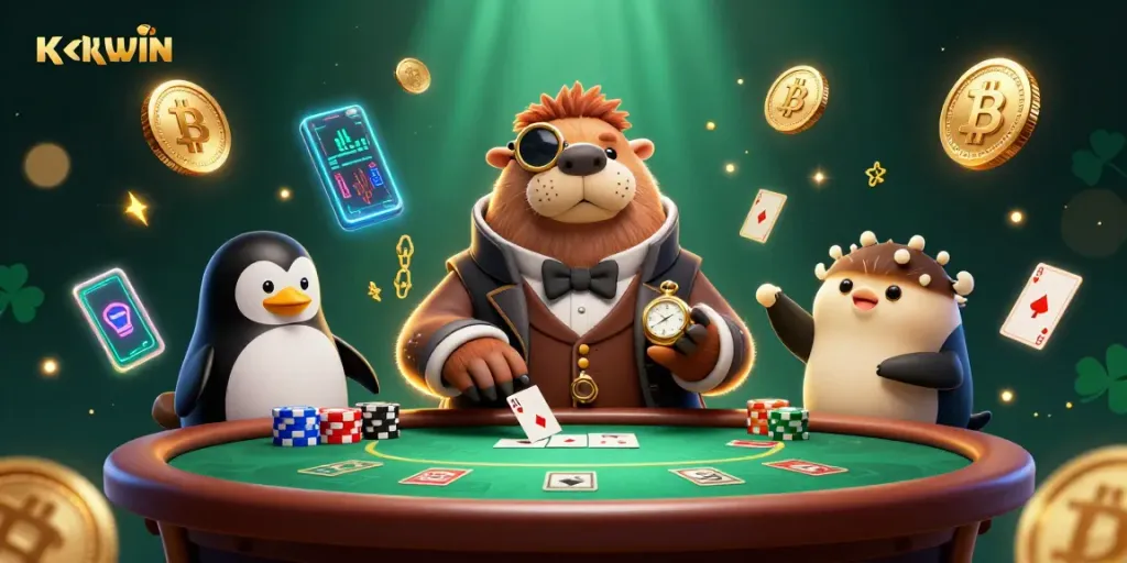 KKWIN showcases a thrilling underwater poker game with vibrant 3D characters and crypto elements.