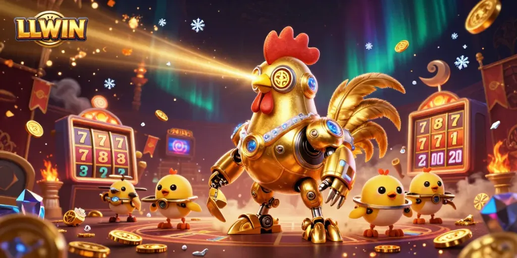 Experience the thrilling world of LLWIN with vibrant casino illustrations of golden rooster robots.