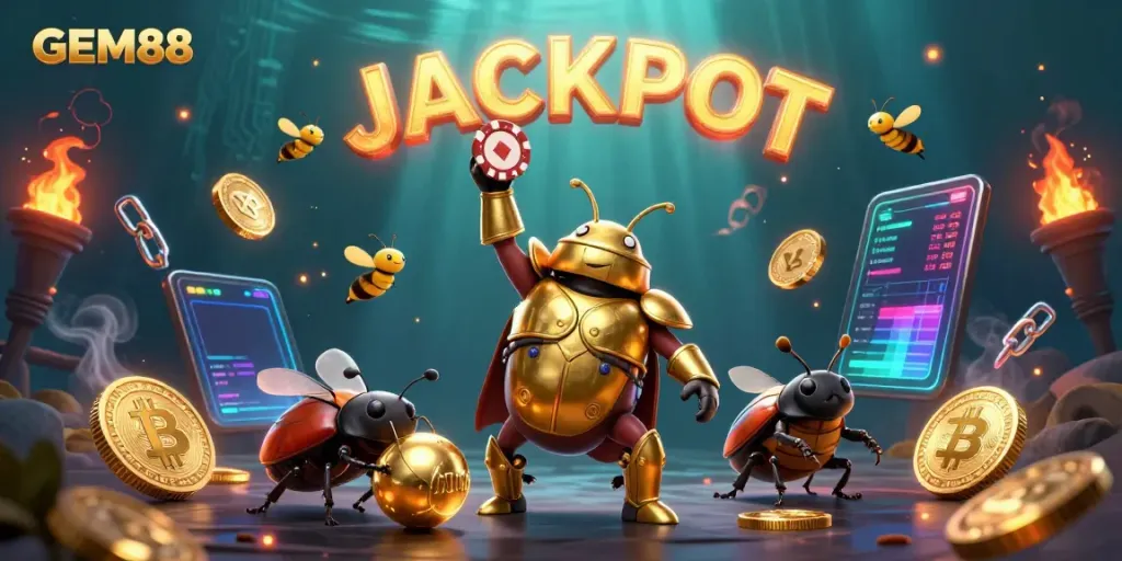 Experience GEM88's exciting jackpot wins with vibrant gaming elements and a triumphant beetle hero.