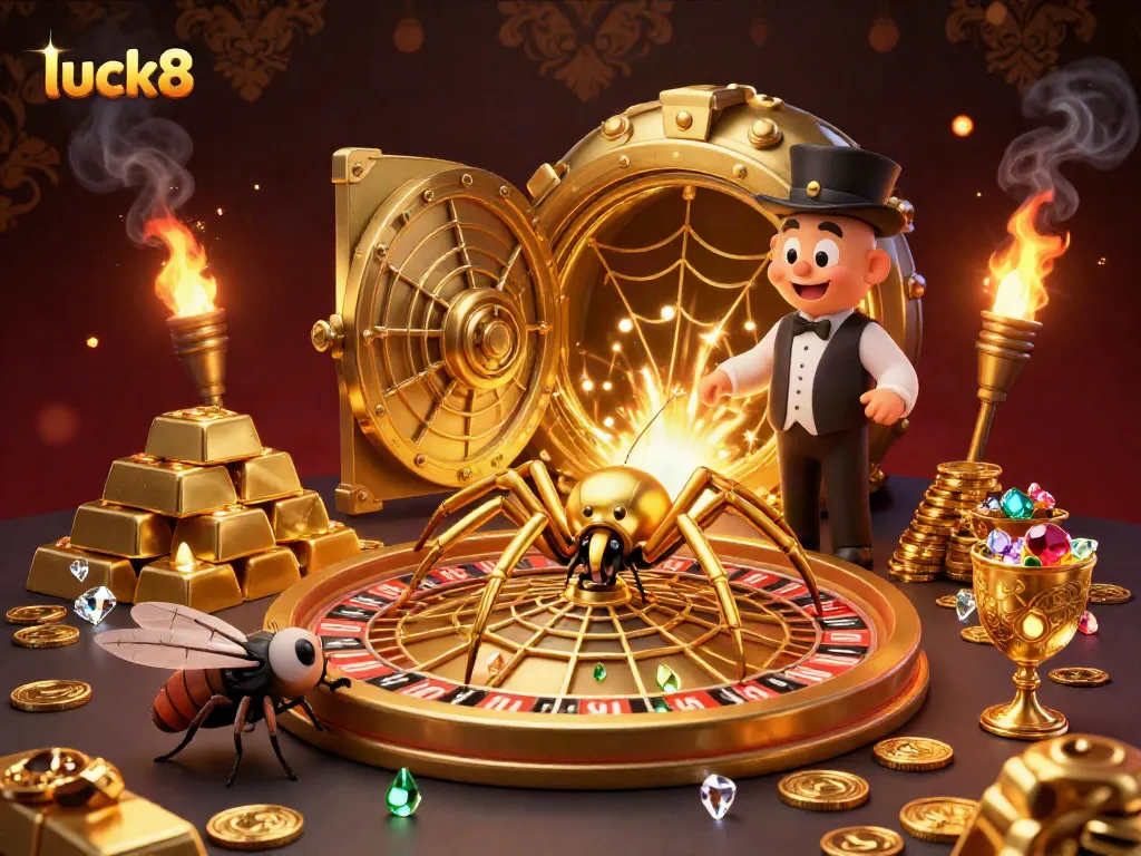 Engage in the vibrant luck8 scene featuring a golden spider and dynamic casino elements.