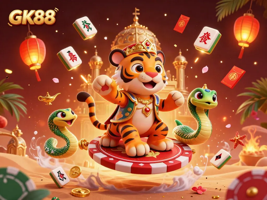 Spin the reels with GK88 in this animated casino scene featuring vibrant characters and festive gambling elements.