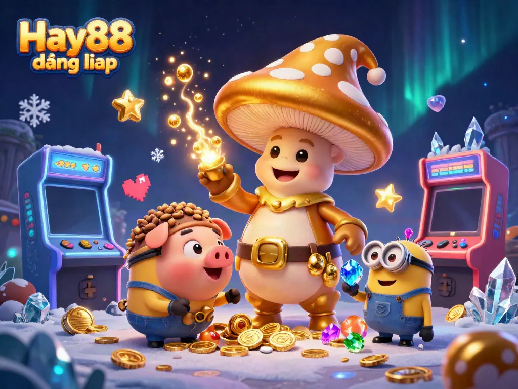 Play Hay88 đăng nhập with a magical mushroom wizard, a treasure hunting pig, and vibrant arcade elements.
