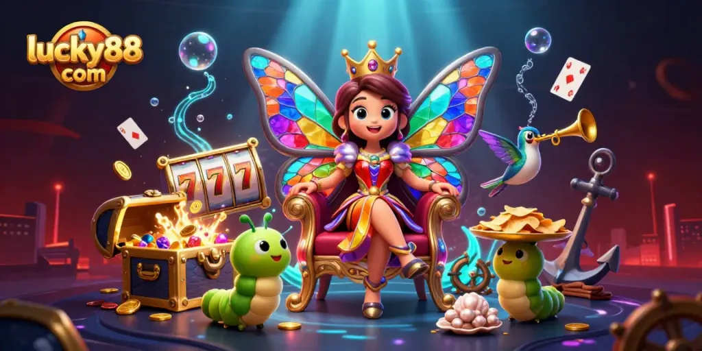 Engage in thrilling gameplay at lucky88 com with a colorful 3D scene of slot excitement and vibrant characters.