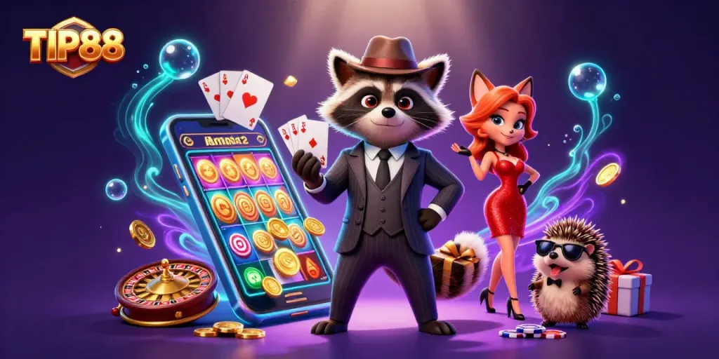 Engage in the excitement of TIP88 with a cartoon raccoon showing royal flush, vibrant casino elements.