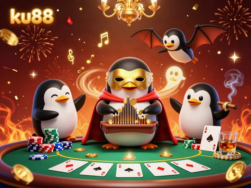 Experience the excitement at ku88 with a 3D casino scene featuring charming characters, poker action, and golden notes.