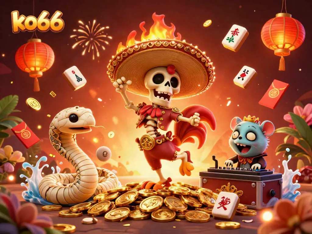 Engage with KO66's vibrant gaming universe, featuring dynamic characters celebrating around golden coins.